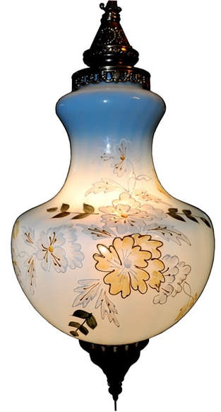 Vintage swag lamp with bulbous gourd shaped blue glass shade