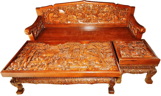 Teak wood sofa, coffee and end table set with 3D relief carvings from Thailand