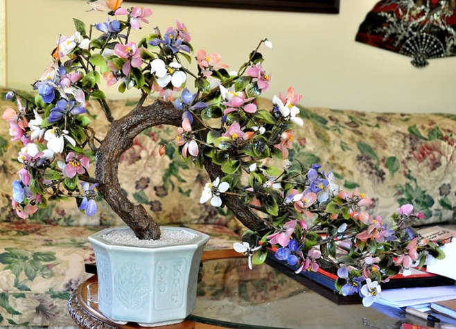 Pair of glass flower bonsai jade trees