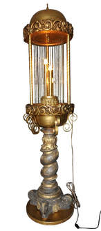 Large mid-century oil rain lamp with ornate pedestal