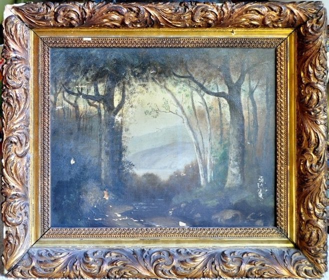 19th century landscape oil painting in an ornate frame