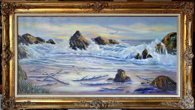 Oil on canvas seascape painting by Jo Marcelle in ornate frame