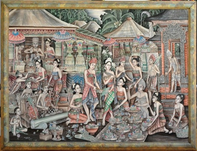 Traditional oil on canvas painting from Ubud depicting a Balinese Hindu ceremony