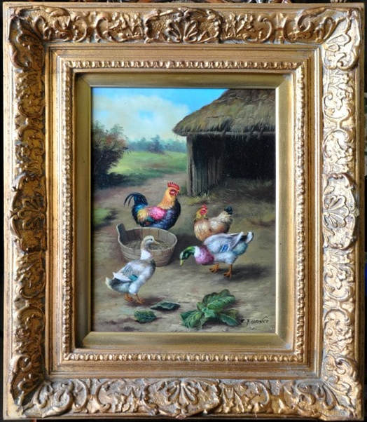 Oil on canvas painting of chickens and ducks by C. Franco