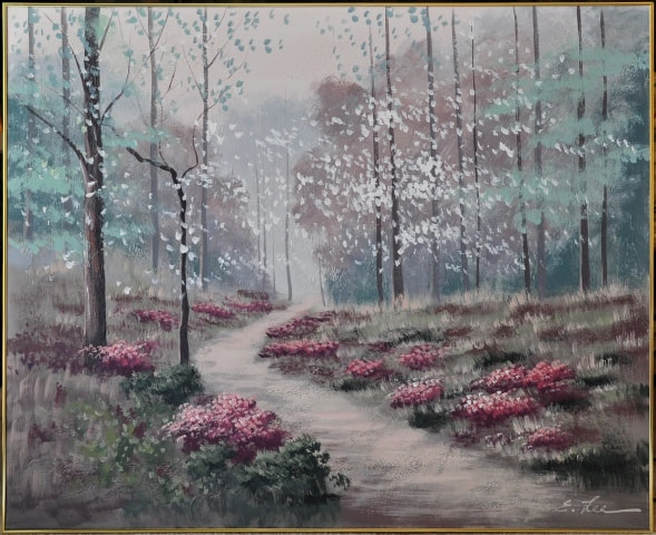 Oil on canvas painting titled Spring Path by E. Lee
