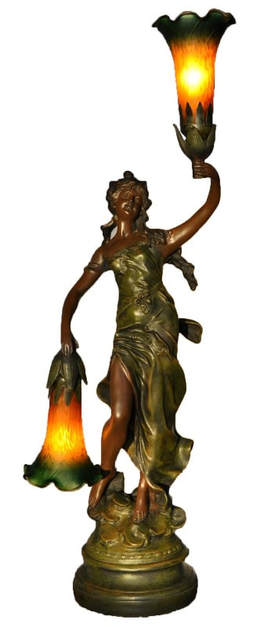 Art Nouveau style figural lamp of a lady holding tulip shades