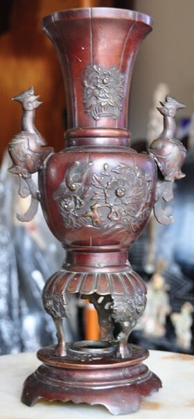Japanese red bronze tripod vase with cast relief decorations