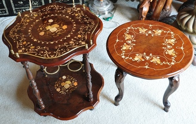Pair of Italian beverage serving and end tables with marquetry artwork