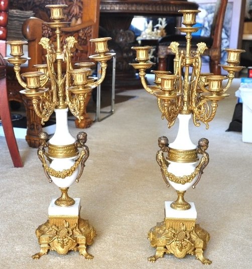 Pair of 7-light Italian gilt bronze and marble candelabra