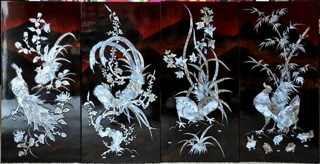 Vietnamese lacquer painting with mother of pearl inlay depicting the Four Seasons
