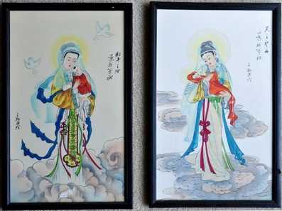 Our Lady of China and Madonna and Child Amidst the Clouds silk paintings by John Lu Hung Nien