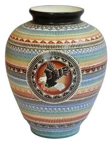 Large hand etched Navajo vase with flying eagle by Betty Sum Dim