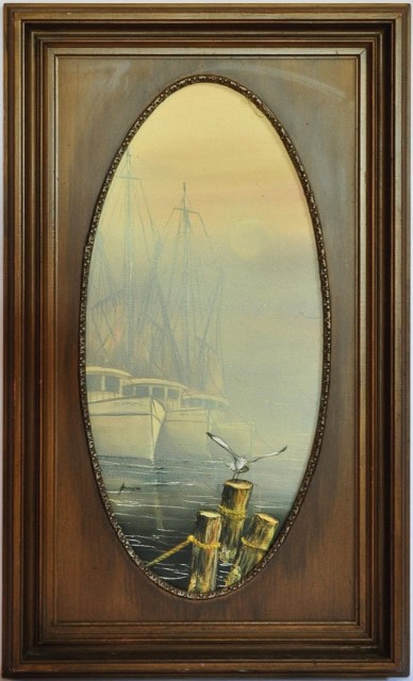 Oil on canvas painting of sailing boats by the pier