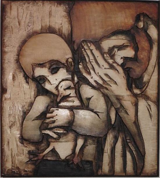 Early Jean-Claude Gaugy wood relief artwork depicting a child holding a duck