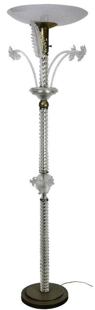 1930's hand blown Murano glass and brass torchiere floor lamp with flower and leaf decorations