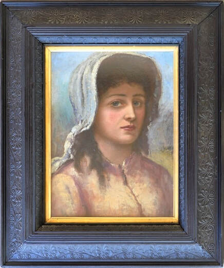 19th century European oil on board portrait of a woman with a bonnet