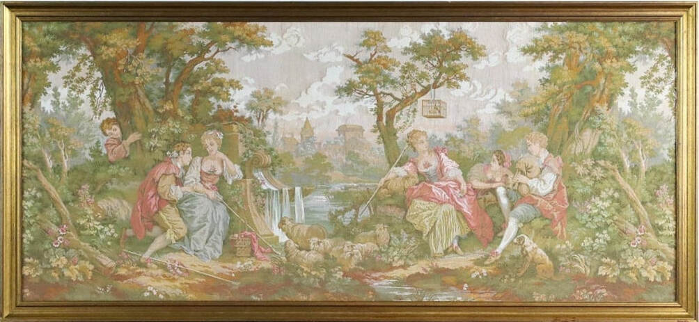 Large framed tapestry depicting a bucolic French countryside scenery with romantic couples ​