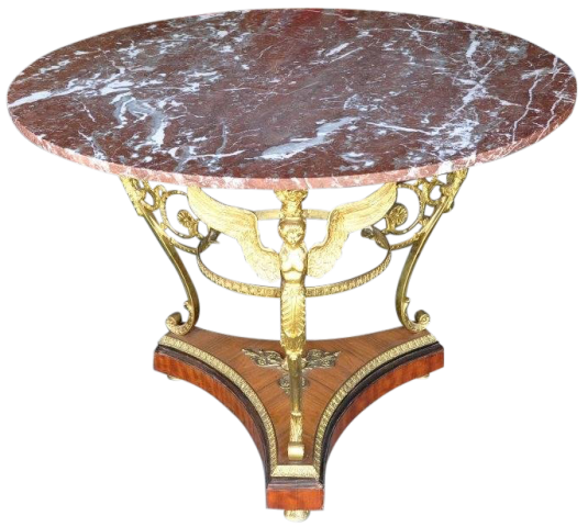 French Empire style mahogany and bronze base center table with pink granite top