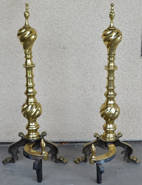 Pair of ornate Federal style brass andirons