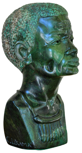 Limited edition patinated Green fuchsite bust sculpture of an African man carved in Zimbabweplaster sculpture titled Rachel by Carl Shultz