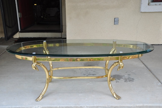Hollywood Regency style oval glass top coffee table with brass swan motif  base - Assamika: Arts, crafts, antiques, collectibles, home decor and more