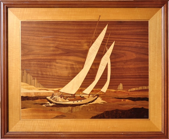 Hudson River Inlay wood marquetry artwork titled Schooner Under Sail