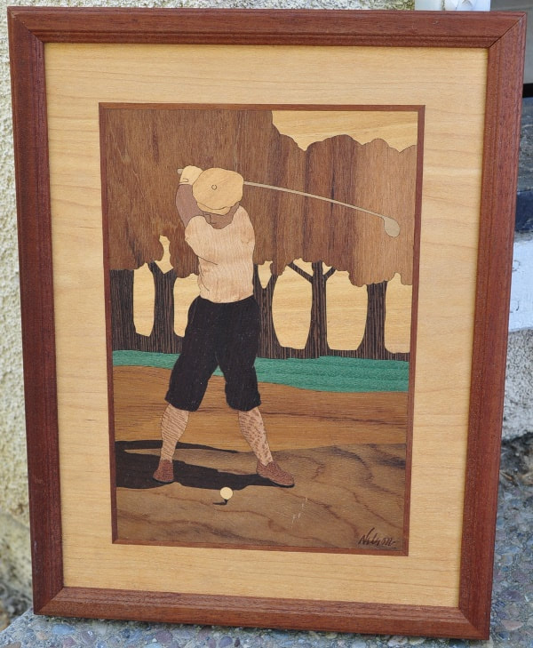 Hudson River wood inlaid marquetry picture artwork depicting a golfer​