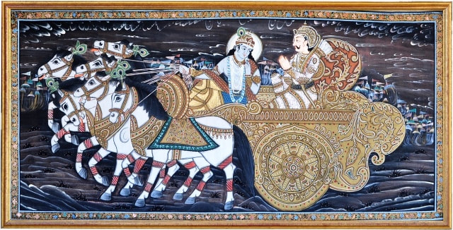 Large framed Indian silk painting of Krishna and Arjun on chariot