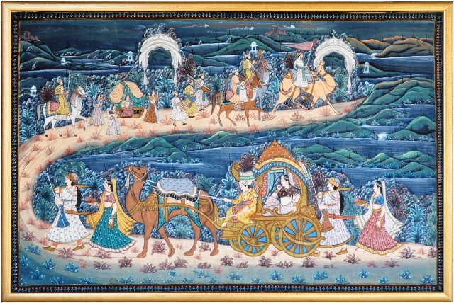 Large framed Indian silk painting showing a procession
