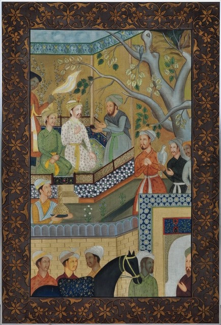 Large Indo-Persian Mughal painting on fabric depicting a courtyard scene