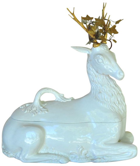 Italian white porcelain tureen in the form of a seated deer