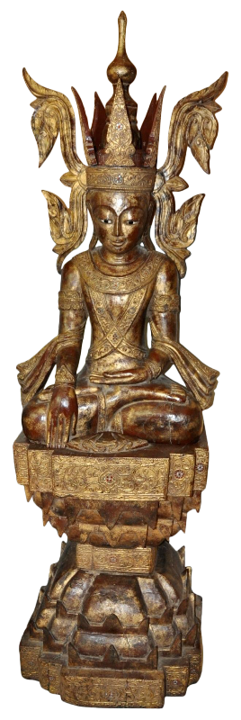 Antique gilt wood crowned seated Jambupati Buddha sculpture on carved pedestal