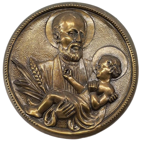 Bronzed medallion metal plaque with bas-relief depicting Joseph holding baby Jesus