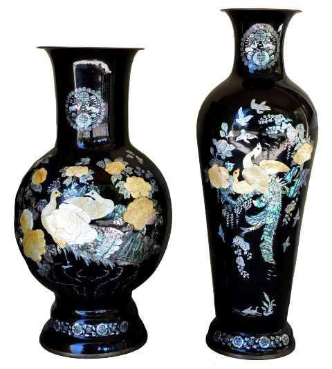 Pair of large Korean lacquer vases with mother of pearl inlay artwork