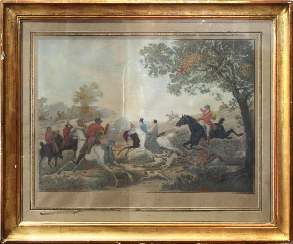 Hand colored aquatint La Chasse by Philibert-Louis Debucourt after Carle Vernet