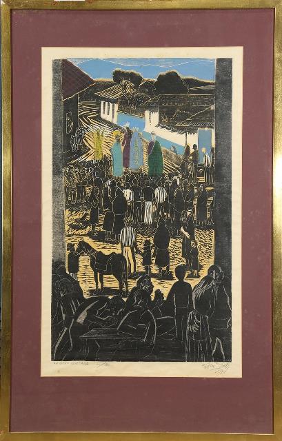 Limited edition 1981 color woodblock print titled La Gran Ventana (Spanish for The Big Window) by Francisco Amighetti