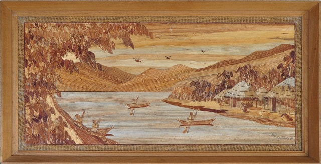 Wood inlay artwork from Africa depicting Lake Victoria