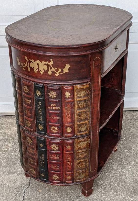 Vintage tooled leather faux book bookshelf end table with drawer
