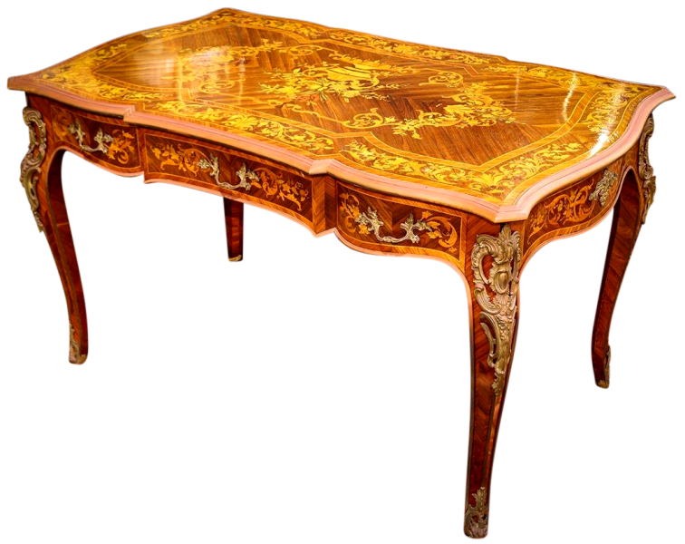 French Louis XV style writing desk (bureau plat) with beautiful floral marquetry top