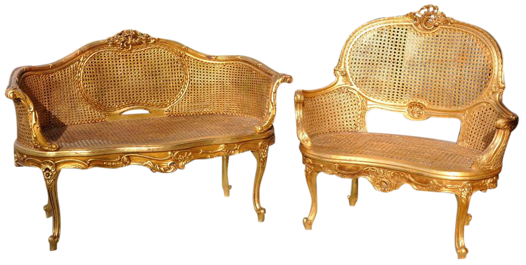 Pair of Louis XV style giltwood carved double caned wicker settees (canapé en corbeille) of two different designs