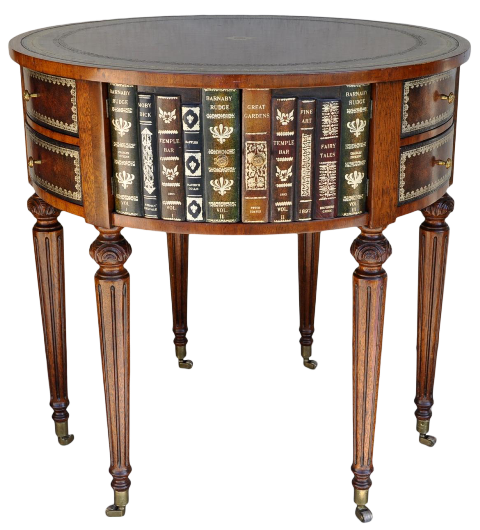 Maitland-Smith mahogany drum table with tooled leather faux book motifs