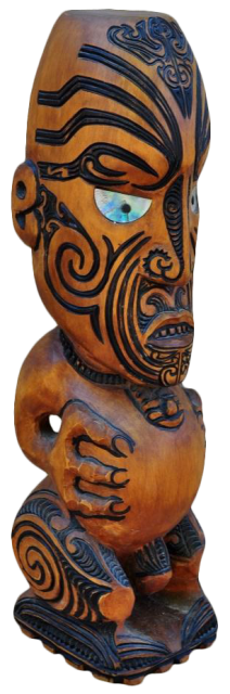 Maori wooden tekoteko sculpture with mother of pearl eyes