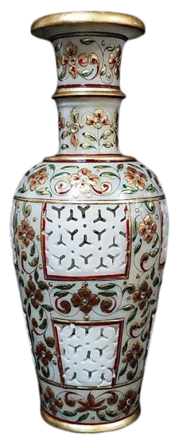 Handcrafted marble vase decorated with floral design in gold leaf from India