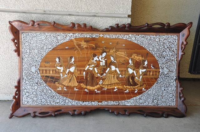 Large rosewood marquetry artwork depicting Krishna and gopis