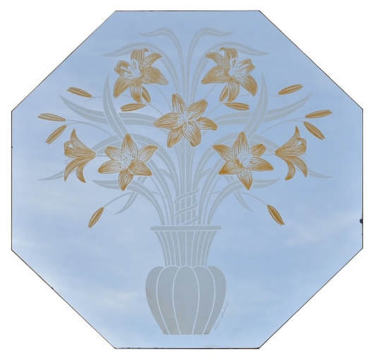 Octagonal mirror with etched tiger lily bouquet artwork by Robert Slimbach