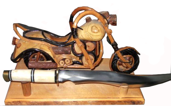 Motorbike sculpture knife display stand made of wood and rattan