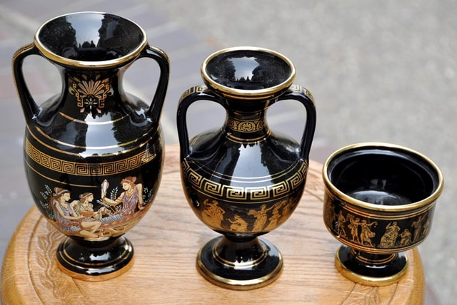 Set of 3 Neofitou Greek black ceramic pottery with gold trim artwork