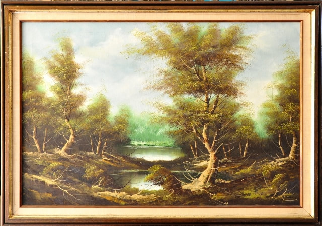 Oil on canvas landscape painting showing trees and water bodies