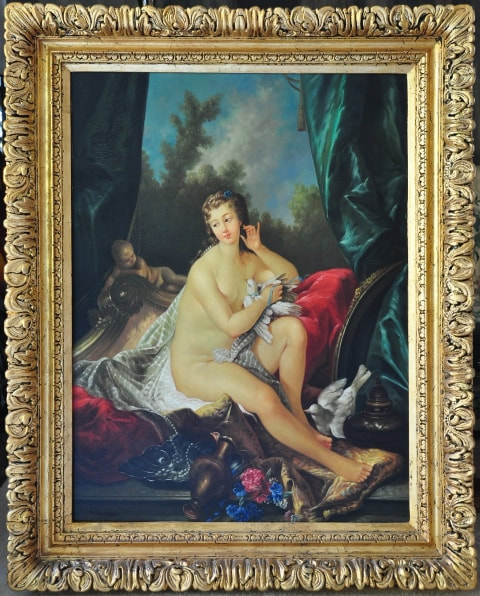 Oil on canvas painting of a semi-nude lady by J. Monserrat