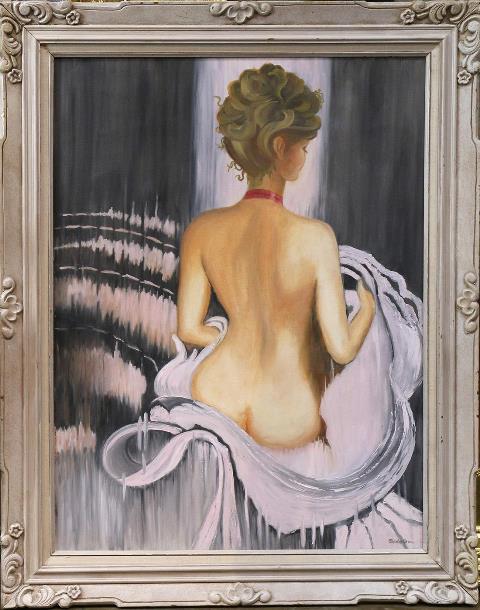 Large oil on canvas painting of a nude blonde woman by Shirley Stokes